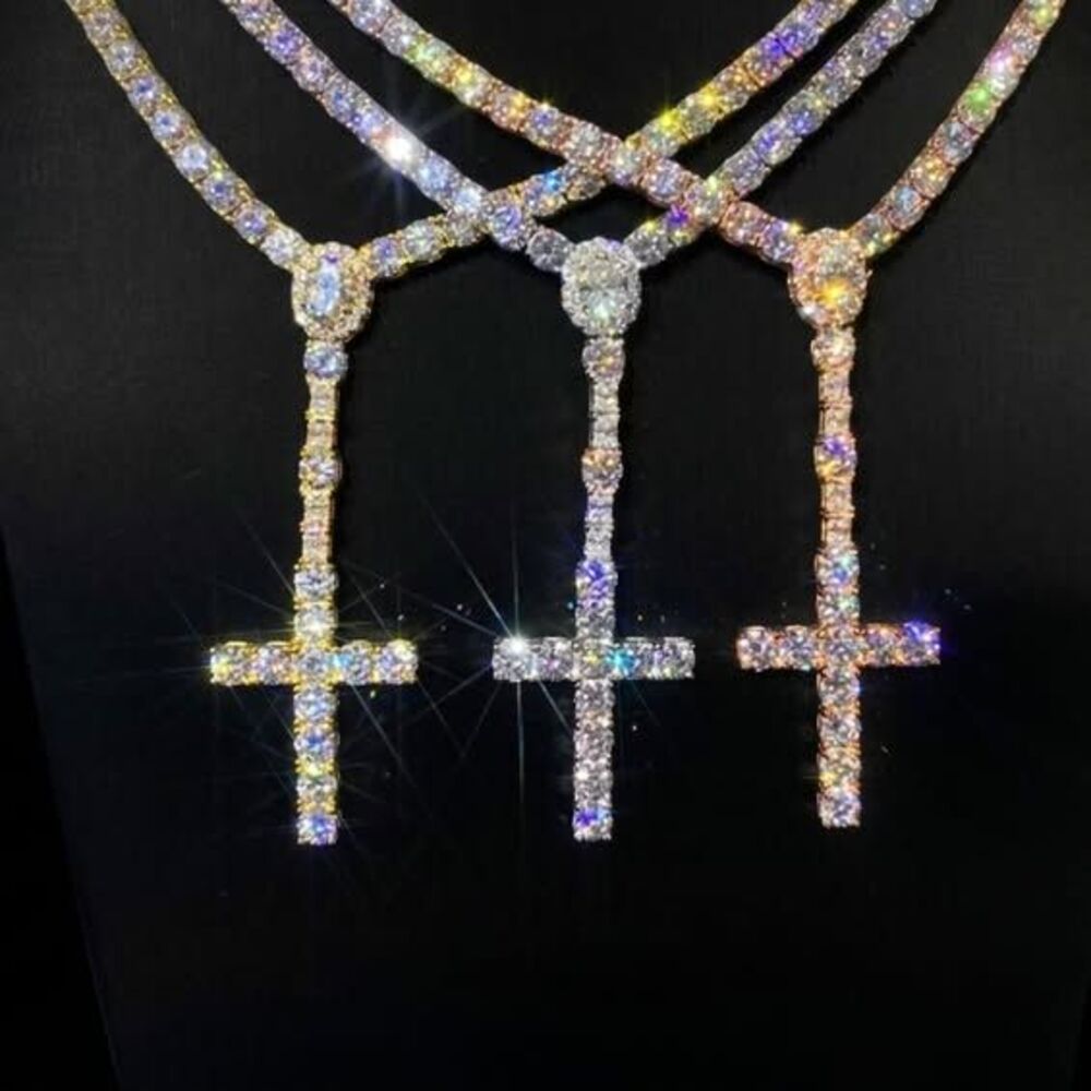 VVS1 D Color Moissanite Diamond Cross Pendant and Necklace - 22 Inches Rose Gold
